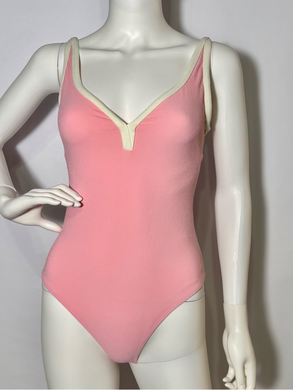 Lisa Marie Fernandez Pink One-Shoulder V-Neck One-Piece with White Trim | Size S - Picture 2 of 8